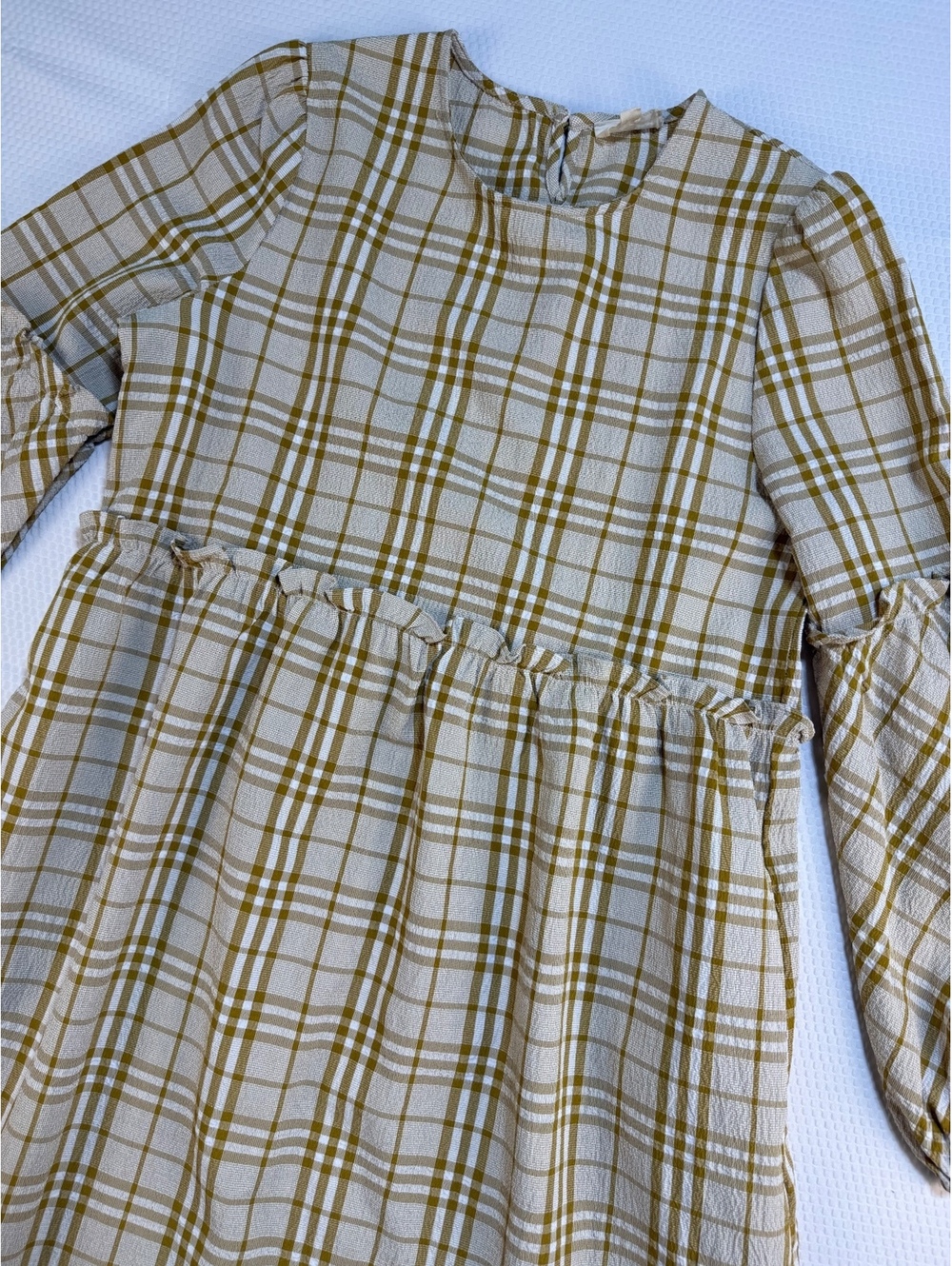 Orange Creek Plaid Midi Dress M Mustard Cream Cottagecore Prairie Balloon Sleeve